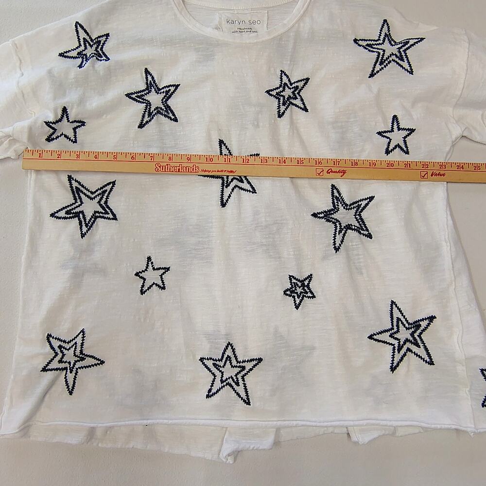 Karyn Seo XL White Embroidered Star Tee Boho Raw Edge Handmade India Top - Picture 14 of 15